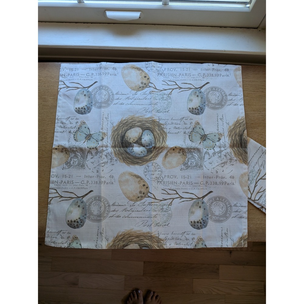 Set of 2 French Country Bird Nest Cotton Napkins Blue Egg Butterfly Paris Script